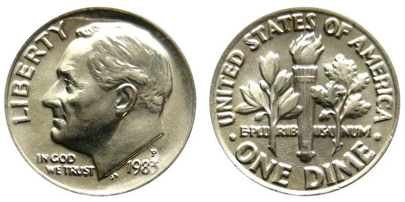 1983 Roosevelt dime obverse and reverse showing mint mark and torch design