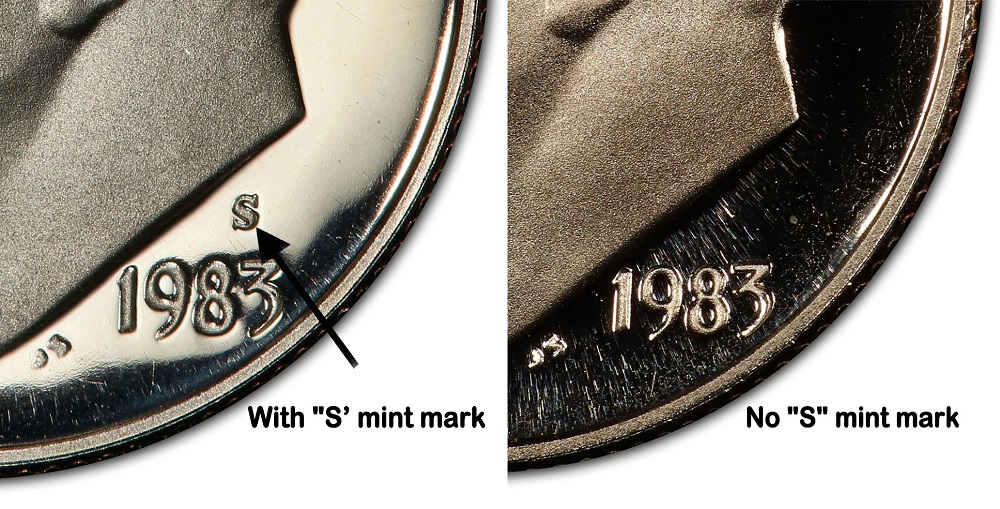 Side-by-side comparison of 1983-S Proof dime with mint mark versus 1983 No S Proof dime without mint mark