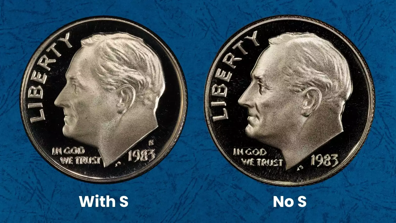 1983 No S Proof dime obverse showing absent mint mark area above date on mirror field