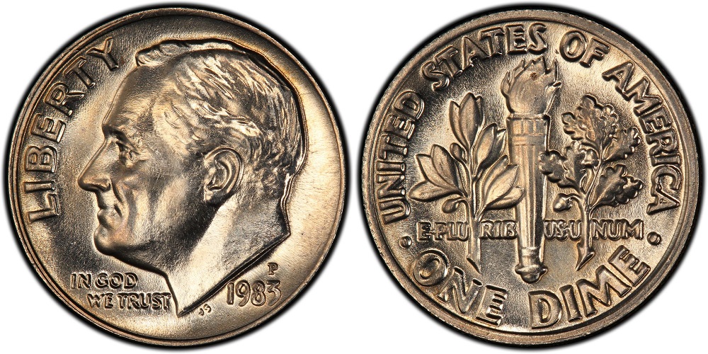 1983-P Roosevelt dime reverse showing torch with Full Bands separation under magnification