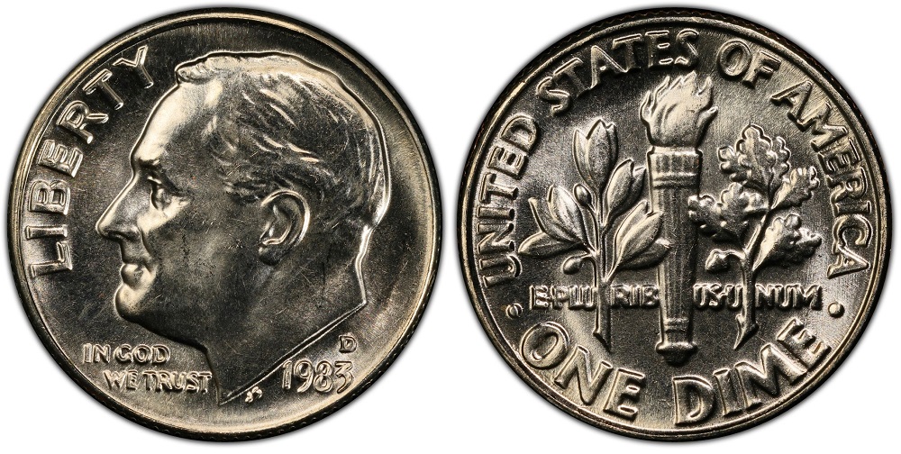 1983-D Roosevelt dime reverse showing torch band area with Full Bands designation visible under magnification