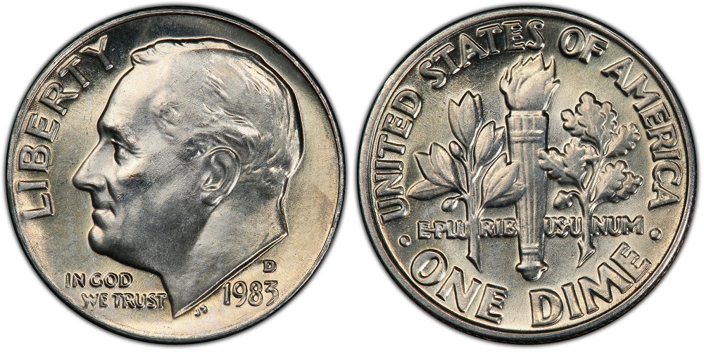 1983 Roosevelt dime grading strip showing four condition tiers from worn to gem uncirculated